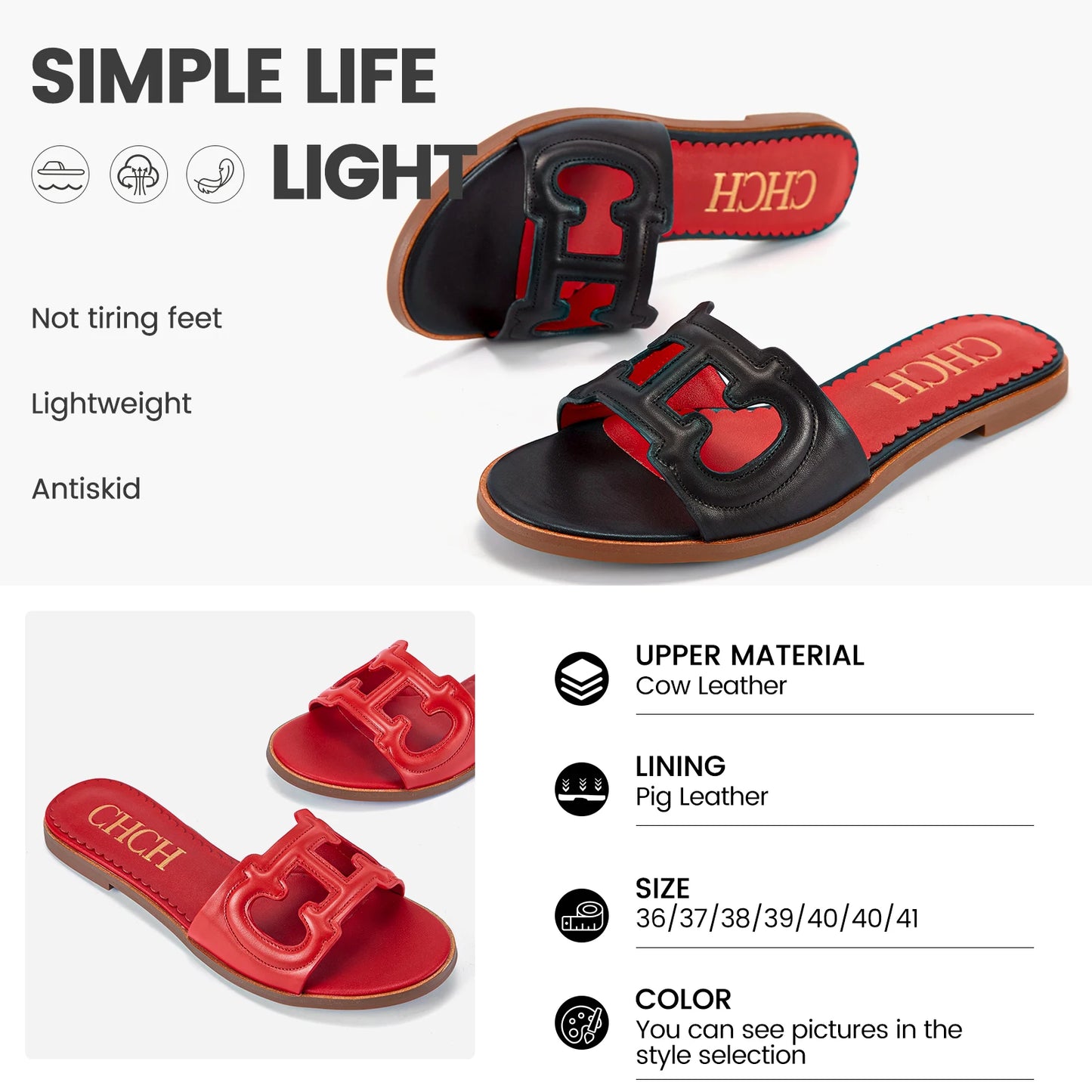 CHCH Women’s Simple Black Flat Slippers